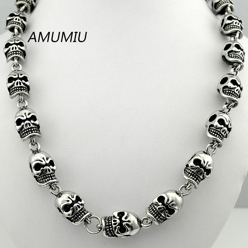 AMUMIU angry head skull chain 50cm 12mm skeleton necklace short for men rock jewelry new stainless steel HZP112