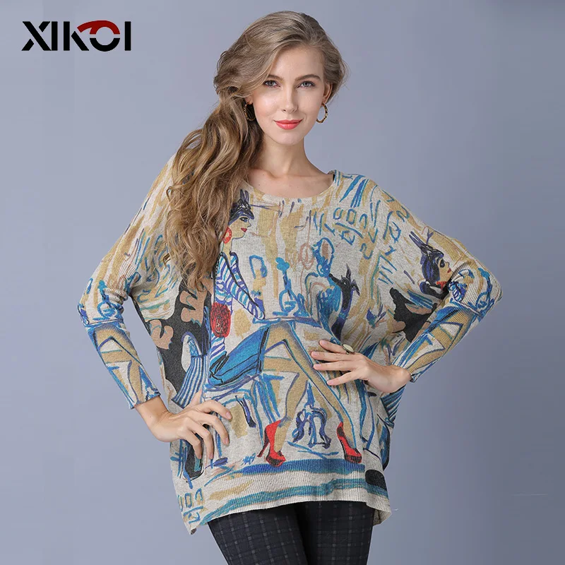 XIKOI Oversize Fashion Women Sweaters Casual Print Regular Warm Pullovers Long Sleeve O-Neck Elegant Lady Sweater Jumper