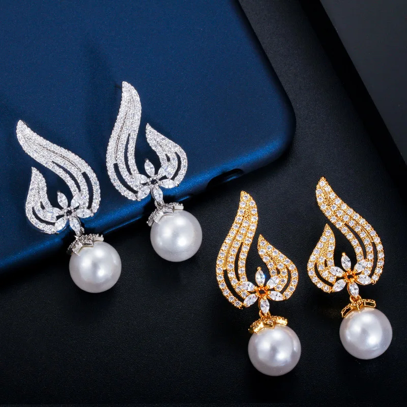 CWWZircons Wunderschöne Zirkon-Goldfarbene Runde Perlen-Ohrhänger für Damen, Vintage-Braut-Hochzeits-Party-Schmuck, Großhandel E0290 – Detail 1