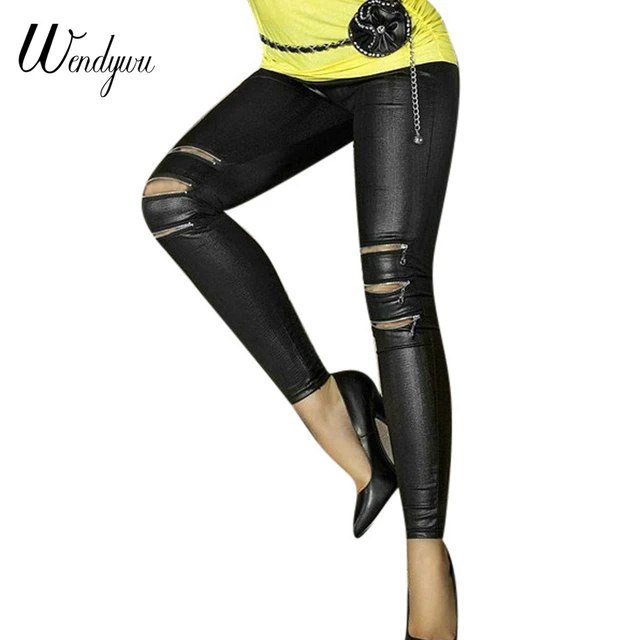 Ripped Leather Leggings Sexy Women Casual Faux Leather Leggins Bodycon Solid Black Pants AliExpress 200000345