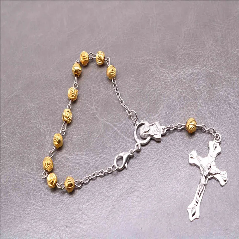 48 pieces wholesale 6mm gold crystal rose beads cross rosary Catholic religious rosary Jesus cross cross long bracelet