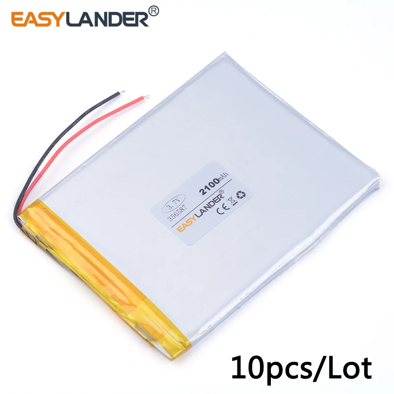 

10pcs /Lot 3.7v lithium Li ion polymer rechargeable battery 356587 2100mAh For Mp3 GPS PSP phone PAD MID DVD Power bank