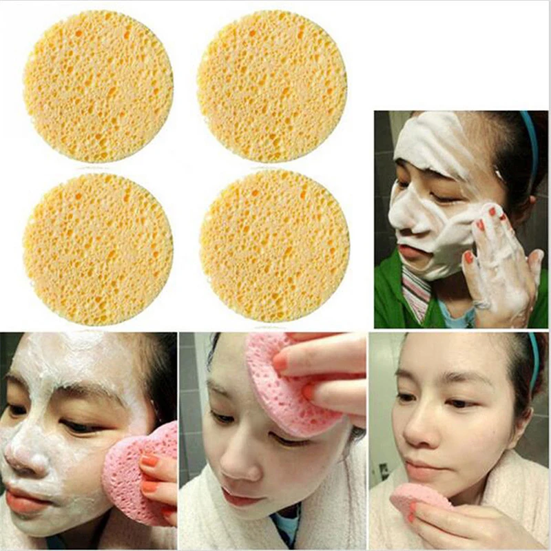 10 PCs Natural Wood Fiber Face Wash Cleansing Sponge Beauty Makeup Tools Accessories Round Yellow 8cm Dia