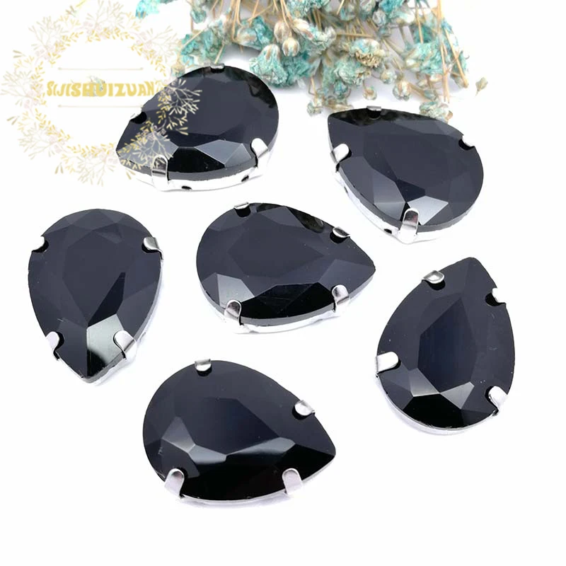 Black Water Drop Shape Silver Claws Crystal Sew On Rhinestones With Four Claw DIY Glass Crystals Stones Clothes Wedding Dress