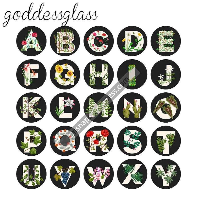 Fashion A-Z Alphabet Letters Words 26pcs mixed 12mm/18mm/20mm/25mm Round photo glass cabochon demo flat back Making findings