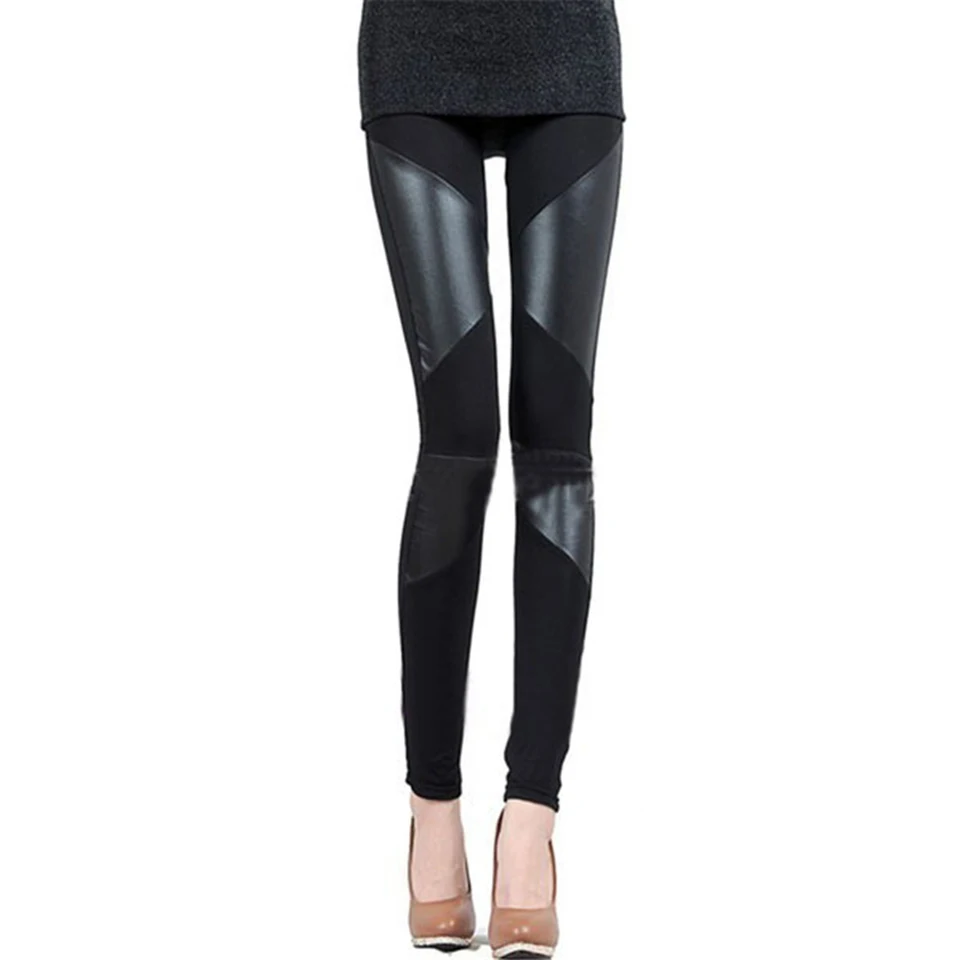 New Slim Fit Women Leggings Splicing Sexy Stretch Stripe Leggins Cotton Faux Leather Legging Pants