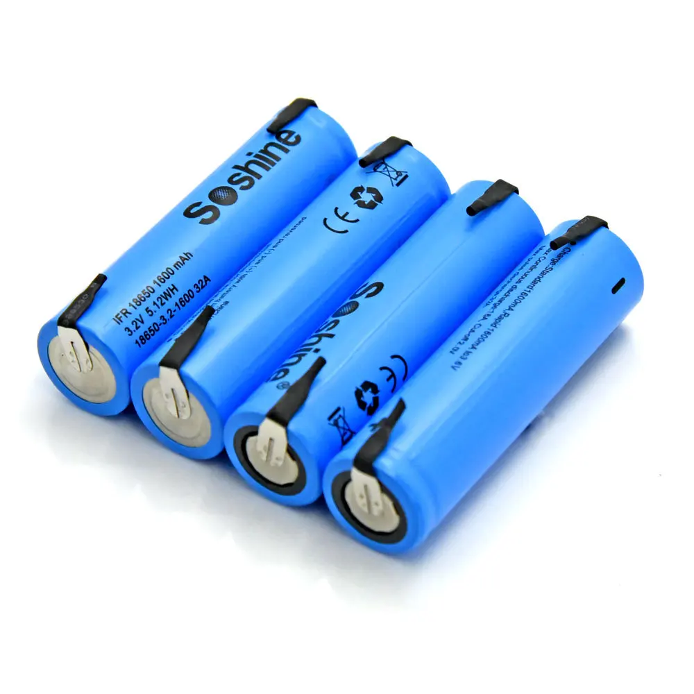 4pcs Soshine LiFePO4 18650 3.2V 1600mAh Rechargeable Battery with tab Spot welding battery