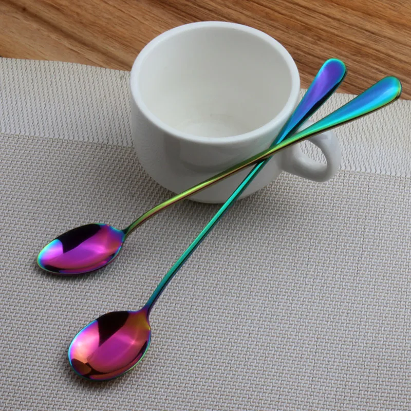 

Stainless Steel Rainbow Coffee Spoons, Mixing Spoons Set, Cold Drink, Fruit Long Ice Spoon, Sharp and Round Head, 19.5cm, 2Pcs