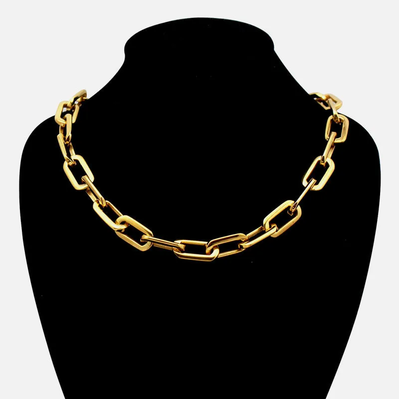 Mirror Polish Silver Color Never Fade 316L Stainless Steel Long Square Chain Connected Chain Link Necklace for Women
