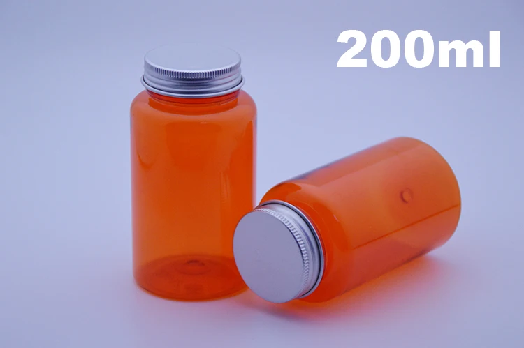 100pcs 200ml Orange Color PET Medicine Bottles,Capsules/Pills/Powder/Vitamin Plastic Bottles with Silver Color Aluminum Caps