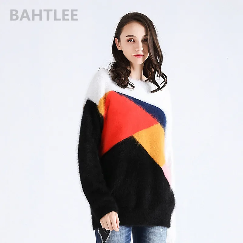 BAHTLEE-Pulls tricotés lapin angora pour femmes, pull à manches longues, col rond, garder au chaud, patchwork polychromatique, automne, hiver