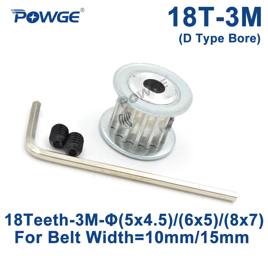 

POWGE 18 Teeth HTD 3M Timing Pulley D Type Bore 5x4.5/6x5/8x7mm for Width 10/15mm 3M synchronous belt pulley HTD3M 18Teeth 18T