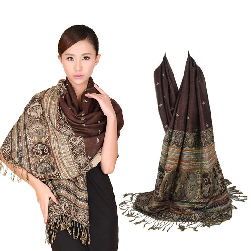 New Coffee Spring Winter Reversal Double-Sides Fancy Paisley Women's Fine Tassel Pashmina Shawl Scarf Warm Bee 011503