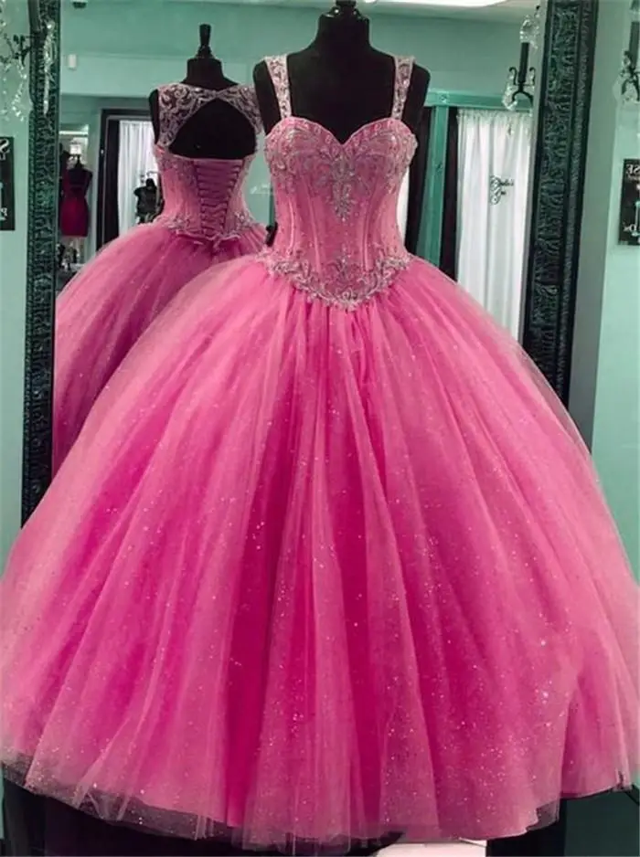 Angelsbridep Spaghetti Quinceanera Kleid Glitter Kristalle Korsett Tüll Hohe Qulaity Süße 16 18 Ballkleid Party Kleid