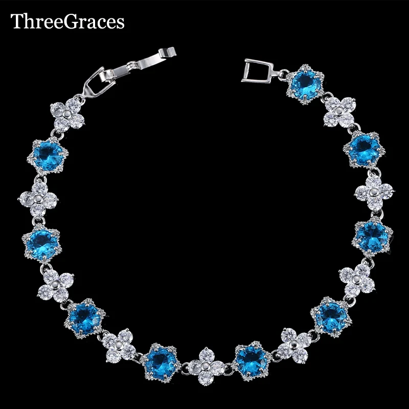 ThreeGraces New Fashion Ladies Light Blue Cubic Zirconia Stone Flower Star Charm Bracelets Bangles for Women Party Jewelry BR061