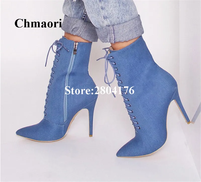 

Blue Denim Zip Thin Heel Boots Pointed Cross- tied And Solid Denim Ankle Boots Shoes Spring Autumn Denim Ankle Boots Sized 35-40