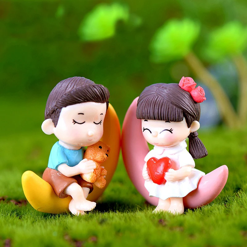 2PCS Moon Lover Boy Girl Figure Doll Home Ornament Craft Fairy Garden Decor Miniature Dollhouse Cake Decoration DIY Accessories