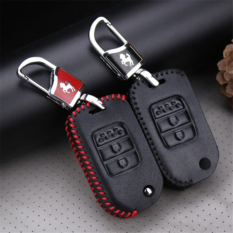 Genuine Leather Car Key Cover Case For Honda Fit Hrv Accord 2003-2007 Freed Pilot Civic 2006-2011 Horse Metal Key Ring Holder