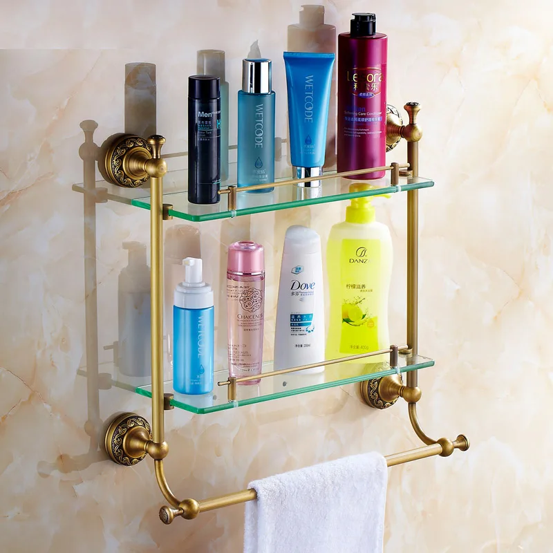 Bathroom Accessories Antique Brass Collection, Glass Shelf with Towel Bar,  Luxury European London Style for Home Organizer