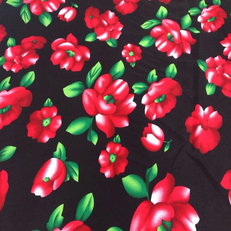 YY DIY Pretty 50x130cm Black Background Blooming Red Rose Flower Printed Cotton Spandex Fabric For DIY Sewing Home Decoration