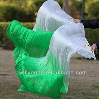 Free shipping nice White/Green mixed long Bely Dance real Silk material Fan Veils 180x90cm size in stock hot-selling