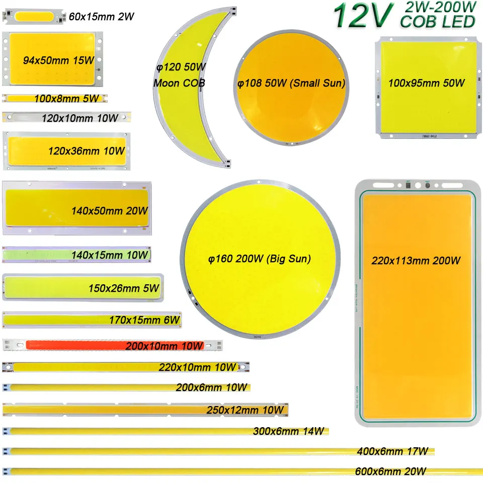 Sumbulbs 12V COB Bulb LED Light Source 2W-200W White Red Blue Color Round COB LED Bar Lights Strip DC12V DIY  Lamp Chip