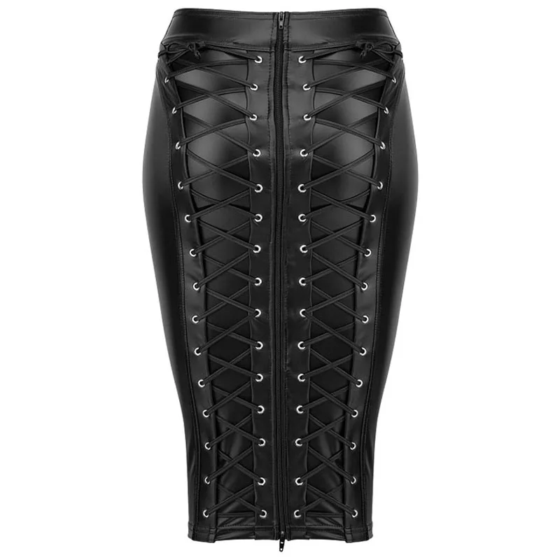 Wetlook Vinyl Leather Black Women Skirt Zipper Back Pencil Club Nightclub High Waist Bodycon Skirt Summer Sexy Latex Skirt