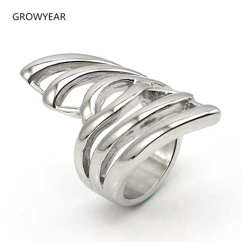 Silver Color Hollow Long Party Finger Rings Size 7 8 9 Stainless Steel Wing Rings For Women