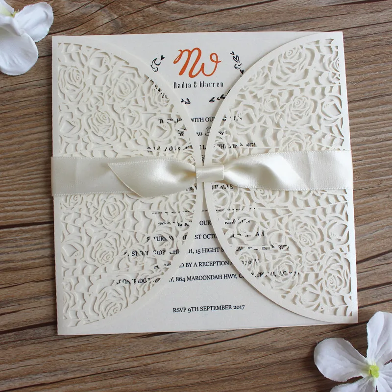 White rose wedding invitation card lace decorated hollow laser cut shiny customized invitation 50pcs/lot