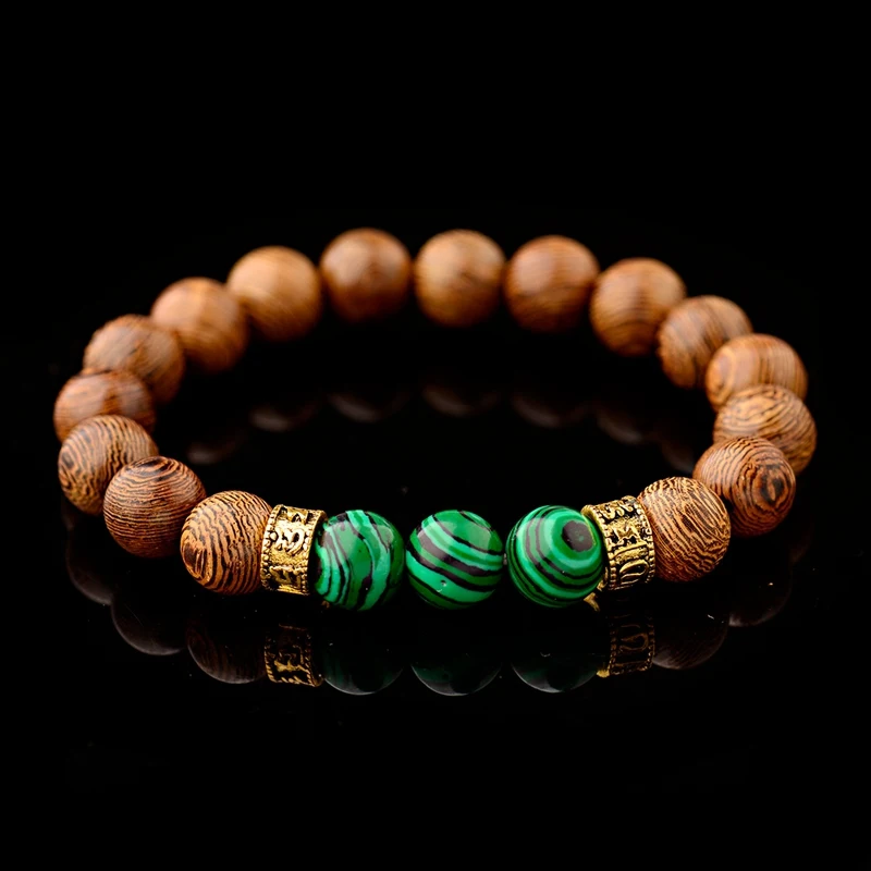 2022 Tibetan Buddhist Bracelet Men Gold Color Rune Metal Natural 10mm Wood Beads Handmade Bracelet Ethnic Stone Beaded Bracelet