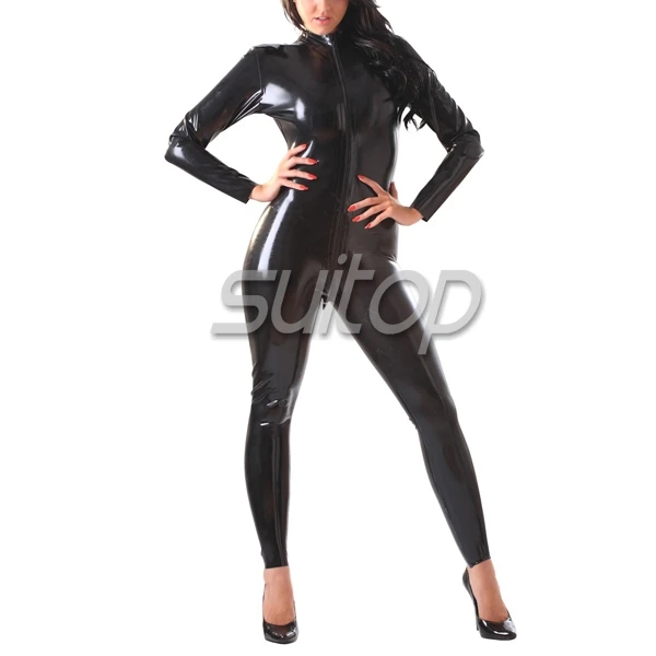 

customized classical latex catsuit with front zip to waist(back)for woman rubber body suits SUITOP