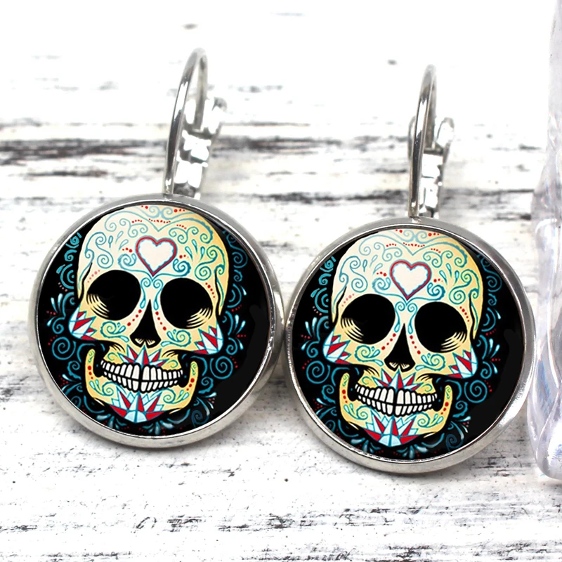 

New Mexico Colorful Flower Pattern Sugar Skull Earrings Female Ornaments Dead Jewels for Easter Halloween Day Role Playing Gift