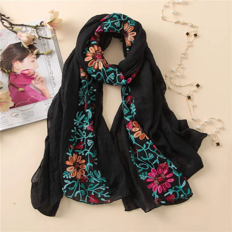 2022 Plain Embroider Floral Viscose Shawl Scarf From Indian Bandana Print Cotton Scarves and Wraps Soft Foulard Muslim Hijab Cap