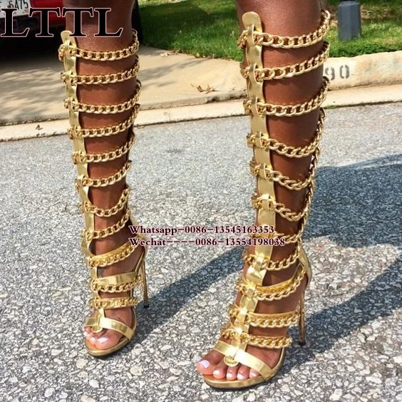 Super Trendy Knee High Gladiator Gold Chained Sandal Boots Summer Women Sexy Hollow Cut thin high heel Long Sandals Dropship