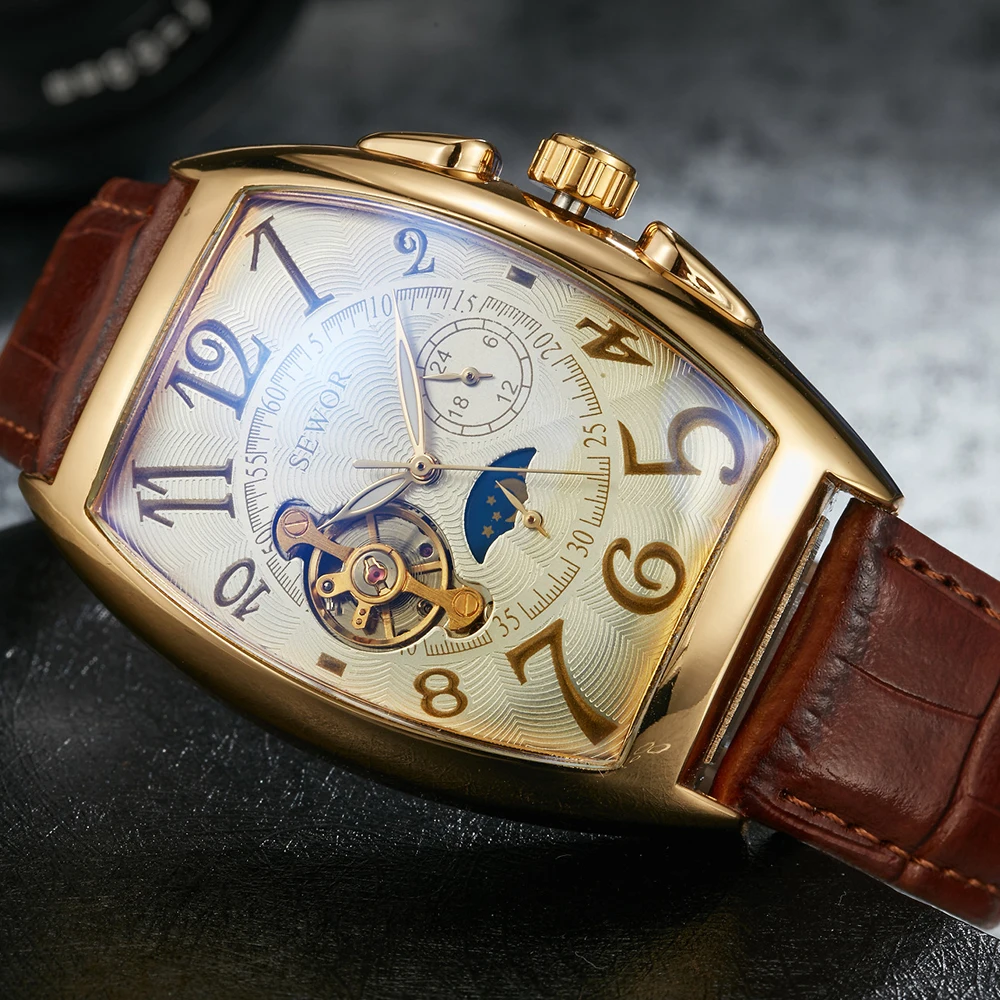 Luxury Automatic Mechanical Watches Men Moon Phase Skeleton Retro Self Winding Wristwatch Male Gold Case Clock Leather Watches