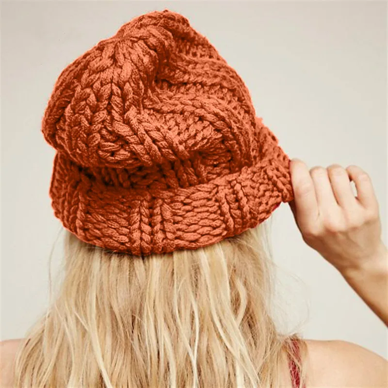 Winter New Wool Hat Ladies Casual Knitted Coarse Lines Hat Handmade Thick Caps Women Fashion Caps