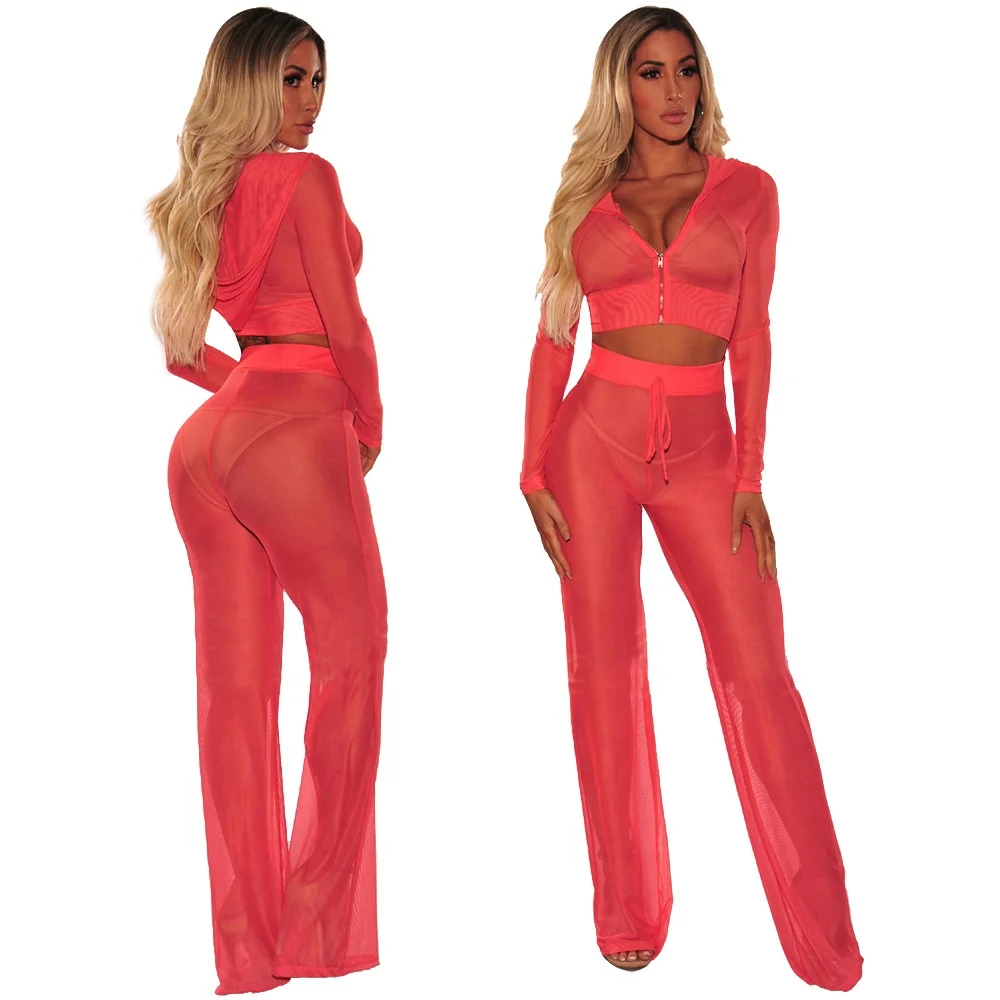 Sexy crop top two piece set tracksuit women gauze Fashion Hoodie Pant cropped tops