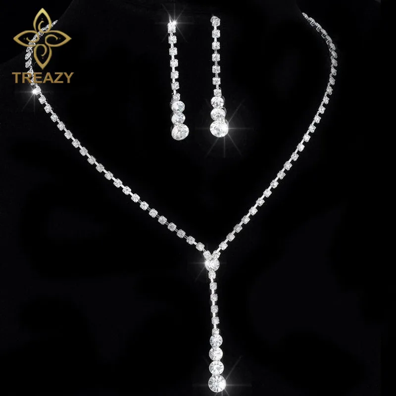 TREAZY New Fashion Celebrity Style Tassel Drop Crystal Necklace Earrings Set for Women Bridal Bridesmaid Wedding Jewelry Sets