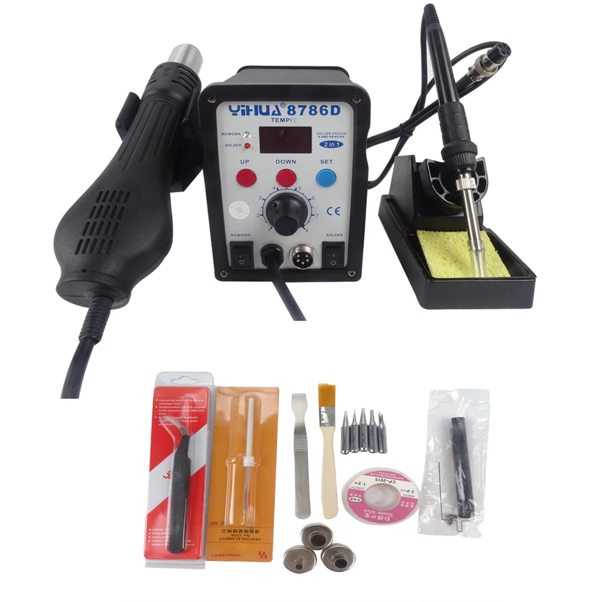 

2 In 1 Digital ESD Hot Air Gun Soldering Station 220V Welding Solder Iron SMD Desoldering Repair Station with Tool Kit 8786D