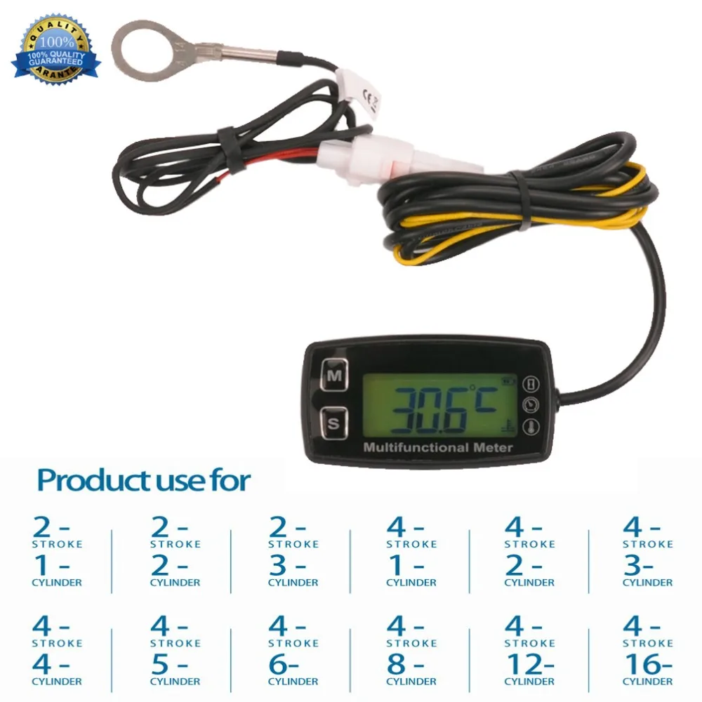 Digital Tach Hour Meter Thermometer LCD Temp-Meter for Gaslon Engine Motorcycle Marine Jet Boat Buggy Tractor Pit Bike Paramotor