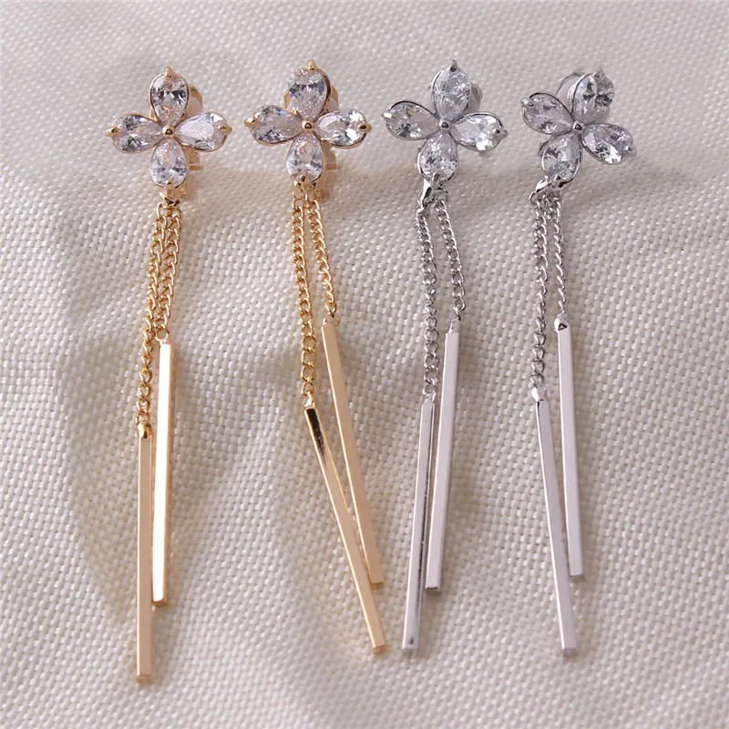 Grace Jun 2 Colors Choose Clover Flower AAA CZ Long Tassel Clip on Earrings No Pierced for Girl Party Charm Ear Clip  Bijouterie