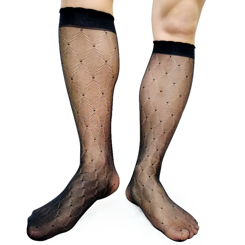 High Quality Mens Softy Nylon Silk Socks Transparent Plaid Sheer Sexy Gay Male Stocking Fetish Collection Tube Hose Stockings