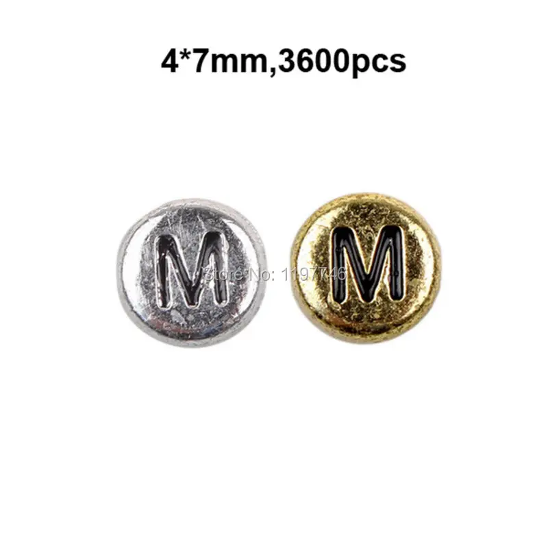 Single Alphabet Beads M Acrylic Antique Silver Or Golden Letters Flat Round 3600pcs 7x4mm Side Drill Craft Supply letter beads