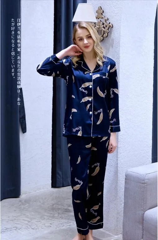 

Lady's Pajamas Leisure Printing Sleepwear Women Ice Thin Silk Satin Homewear Long-sleeved 2 Pcs Suit Set Nightgown New J094