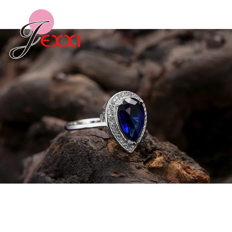 Luxurious and Generous Water Drop Shape Ocean Blue Crystal Stone Ring Shopping Match Outfit Jewelry 925 Sterling Silver