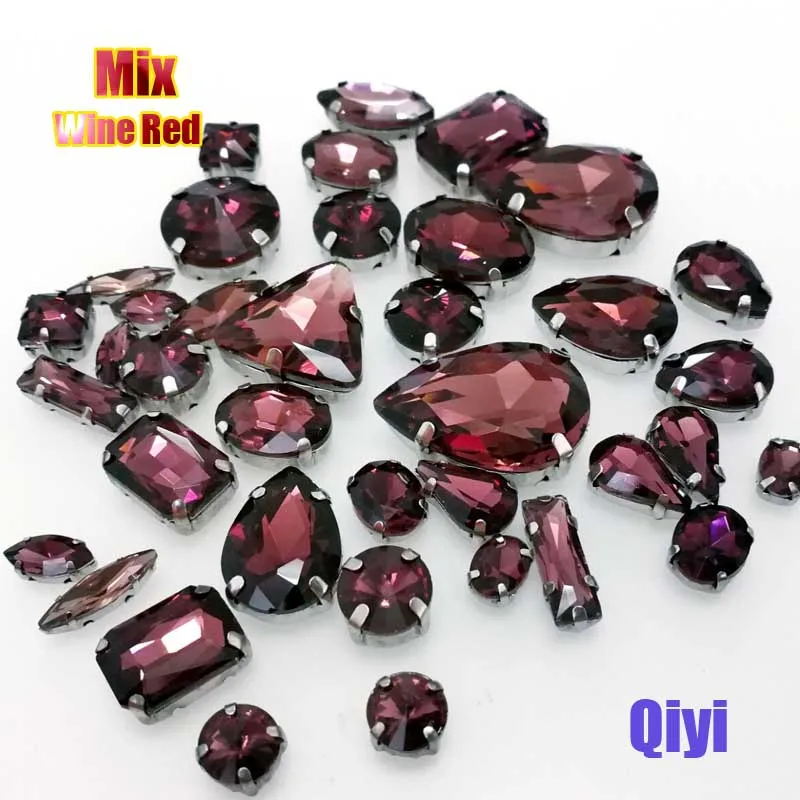 Sell at a loss! mixed shape Wine red cystal glass sew on rhinestones with silver base diy clothing accessories SWM08