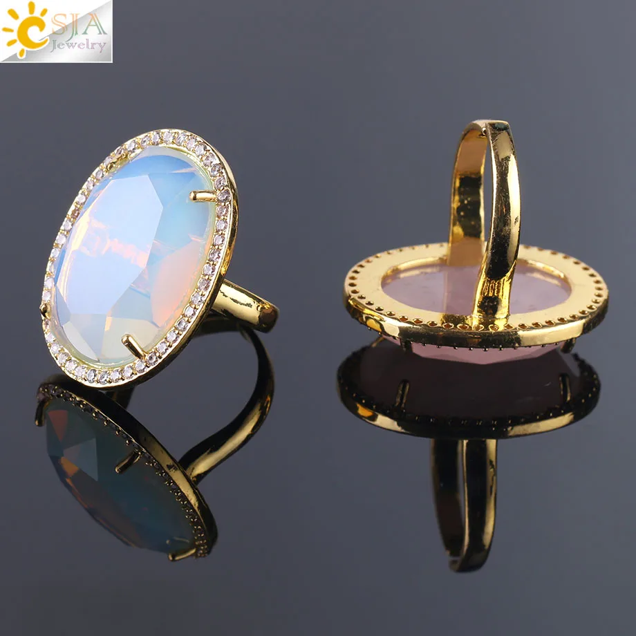 CSJA Natural Gem Stone Faceted Opening Adjustable Ring Gold Color Plated Crystal CZ Zircon Rhinestone Rings for Women Men F458