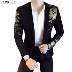 Gold Blume Druck Einer Taste Blazer Jacke Männer 2023 Marke Neue Partei Hochzeit Festival Stilvolle Dünne Anzug Blazer Männer Kostüm homme