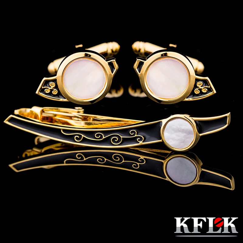 KFLK Shell Cuff links necktie clip for tie pin for mens tie bars cufflinks tie clip set Cufflinks guests 2017 New Arrival