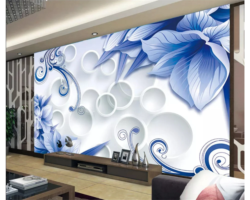 beibehang  3D Wallpapers Living Room Modern Blue Flower 3D Decorative Style TV Background Wall papel de parede photo wallpaper image 2